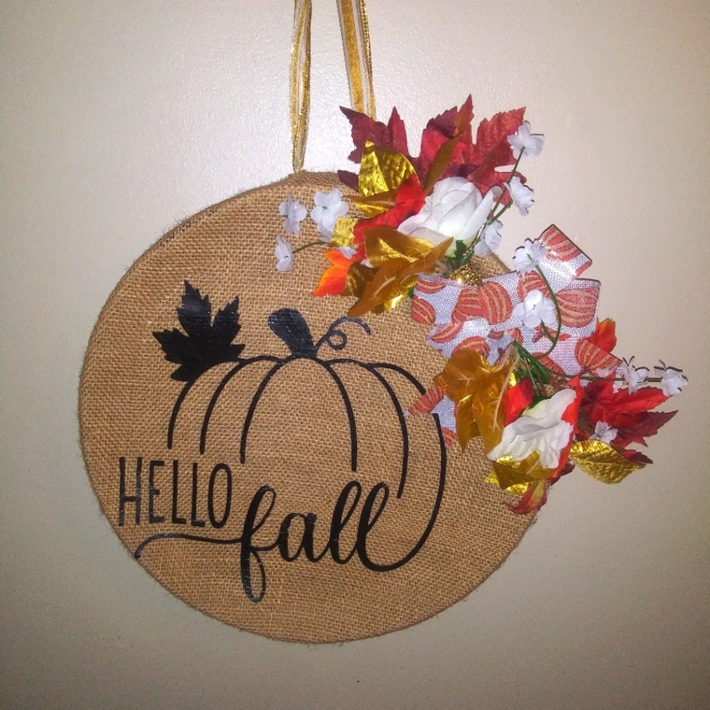 Burlap Hello Fall Autumn Door Hanger With Flowers, Pumpkin Bow 12 Inch Diameter